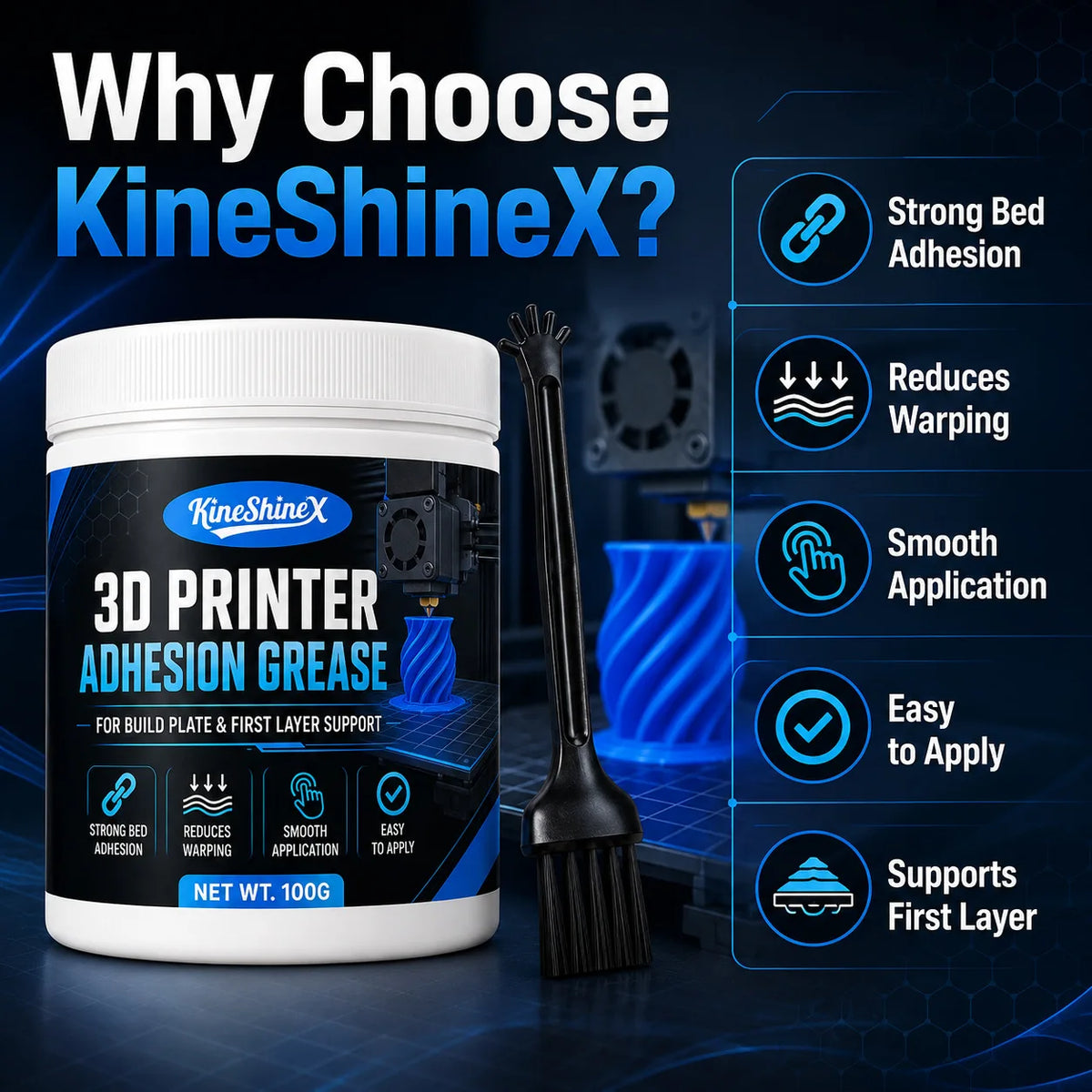 2026 New 3D Printer Bed Adhesive Grease with Brush, Strong First Layer Support for PLA, ABS, PETG and TPU, Helps Reduce Warping