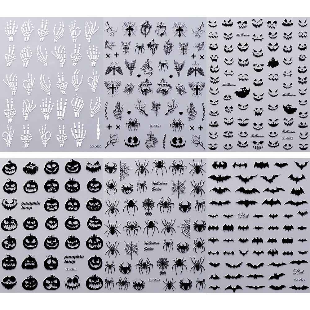 1pcs 5D Black Halloween-Themed Nail Stickers Bat/Ghost Face/Pumpkin/Skull/Spider Pattern Self-adhesive Sliders DIY Nail Supplies