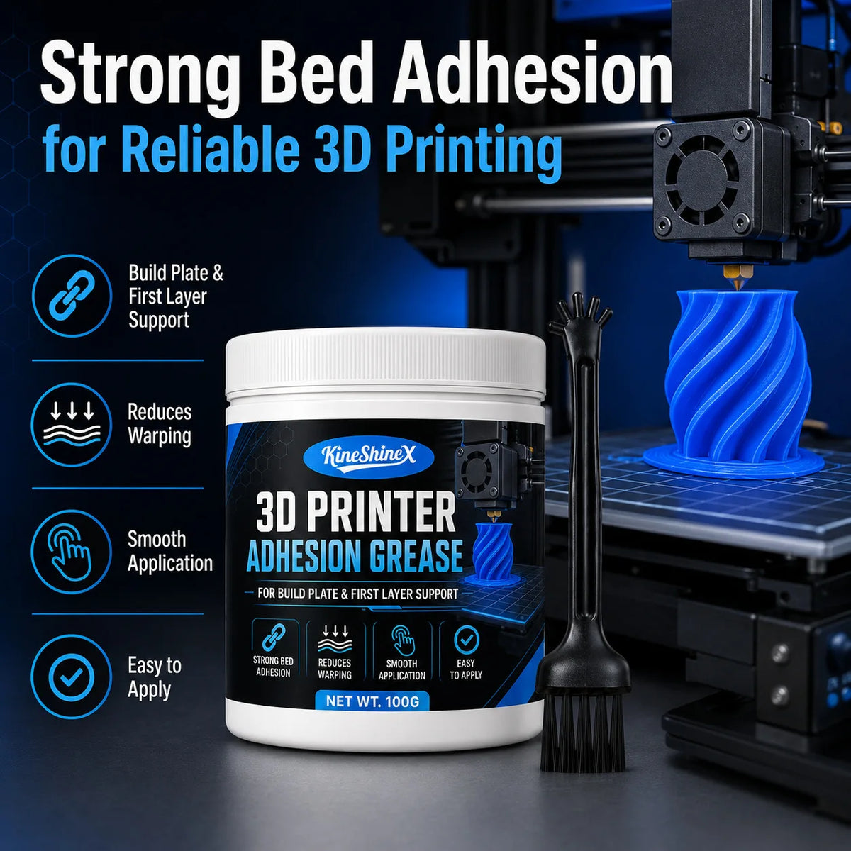 2026 New 3D Printer Bed Adhesive Grease with Brush, Strong First Layer Support for PLA, ABS, PETG and TPU, Helps Reduce Warping