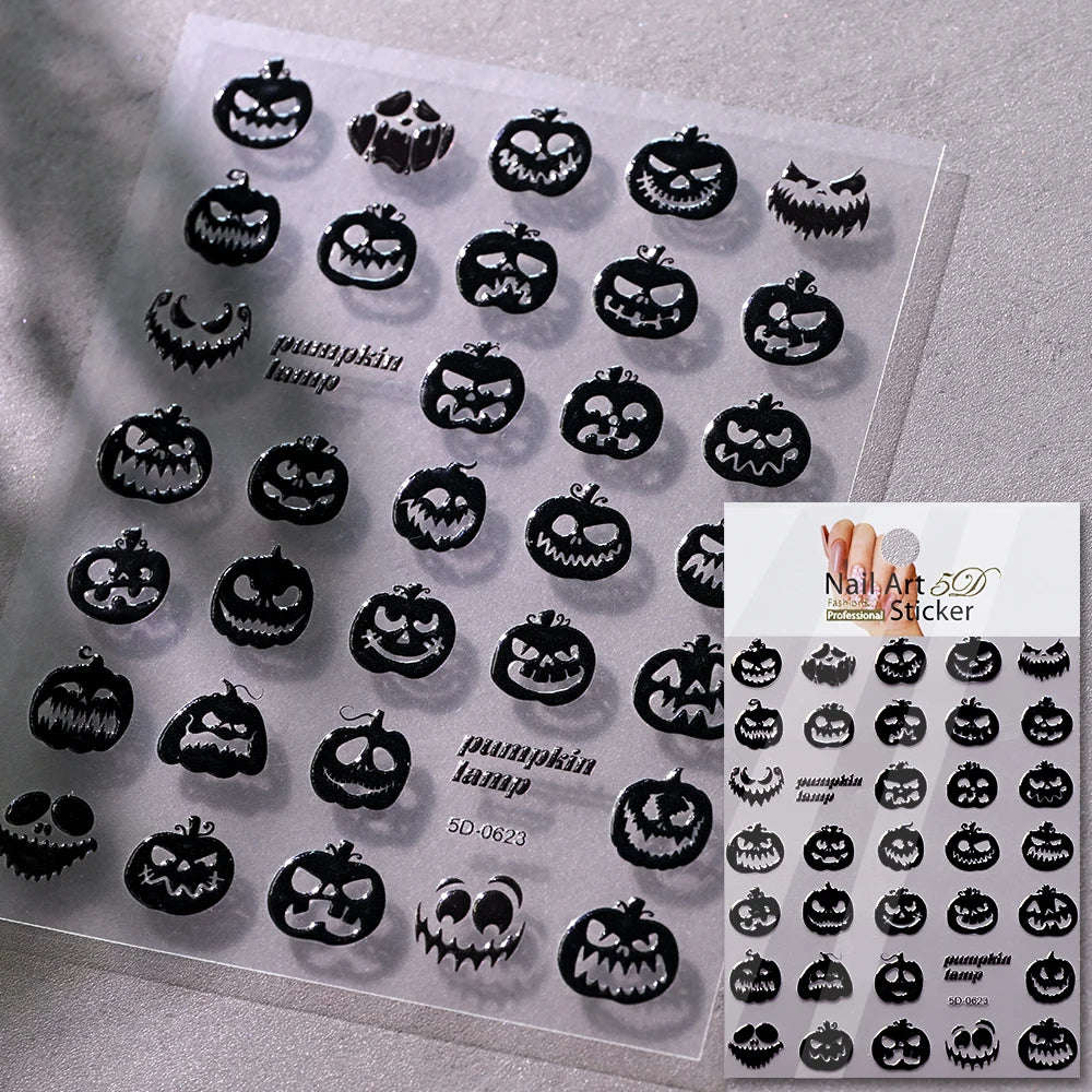1pcs 5D Black Halloween-Themed Nail Stickers Bat/Ghost Face/Pumpkin/Skull/Spider Pattern Self-adhesive Sliders DIY Nail Supplies
