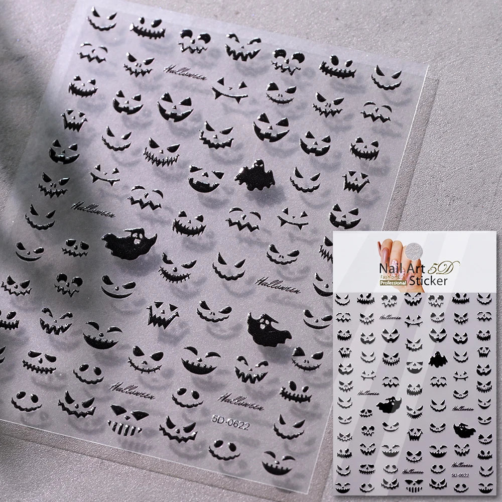 1pcs 5D Black Halloween-Themed Nail Stickers Bat/Ghost Face/Pumpkin/Skull/Spider Pattern Self-adhesive Sliders DIY Nail Supplies