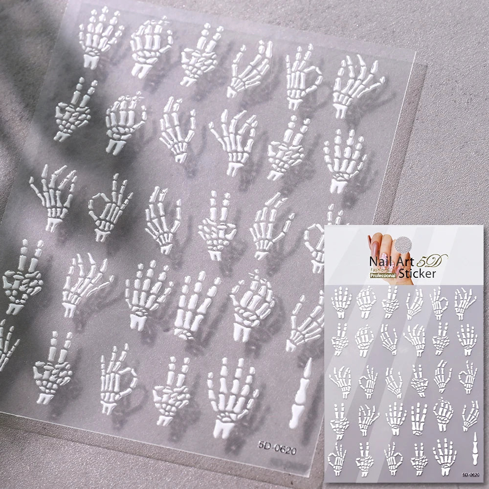 1pcs 5D Black Halloween-Themed Nail Stickers Bat/Ghost Face/Pumpkin/Skull/Spider Pattern Self-adhesive Sliders DIY Nail Supplies