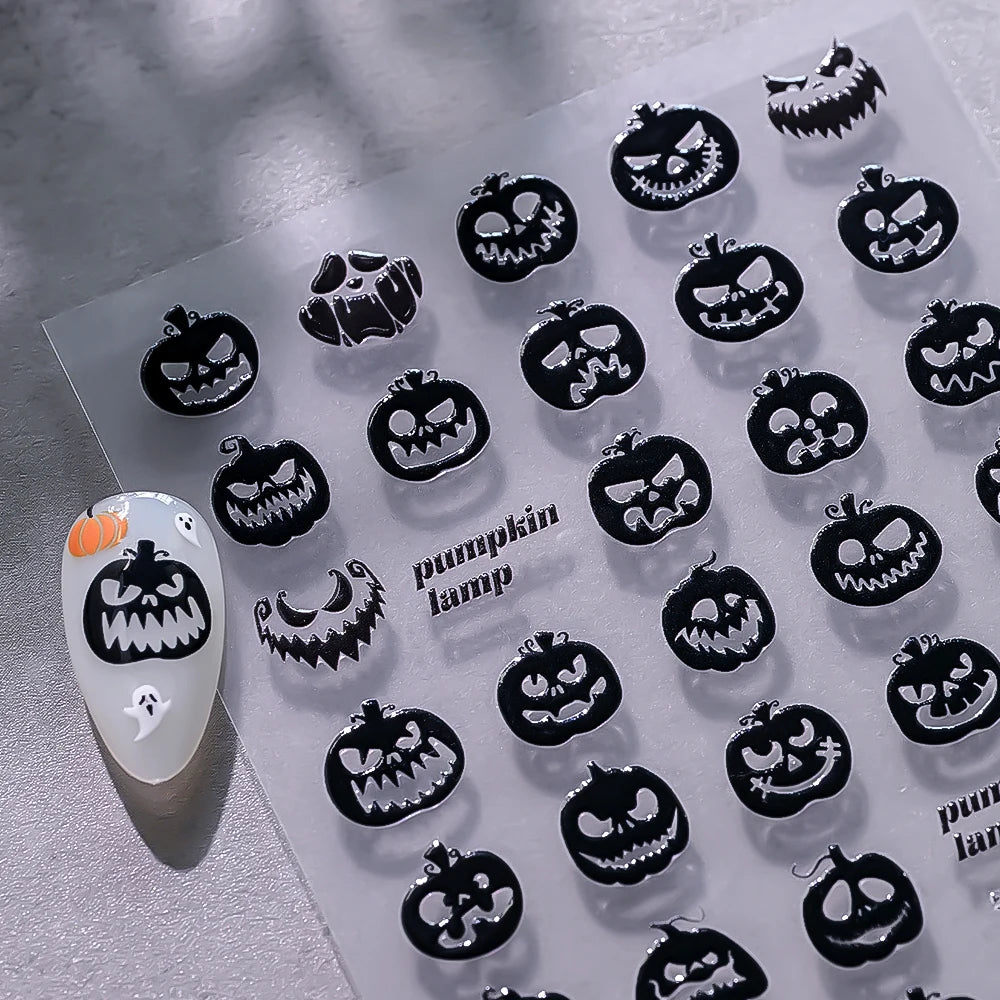1pcs 5D Black Halloween-Themed Nail Stickers Bat/Ghost Face/Pumpkin/Skull/Spider Pattern Self-adhesive Sliders DIY Nail Supplies