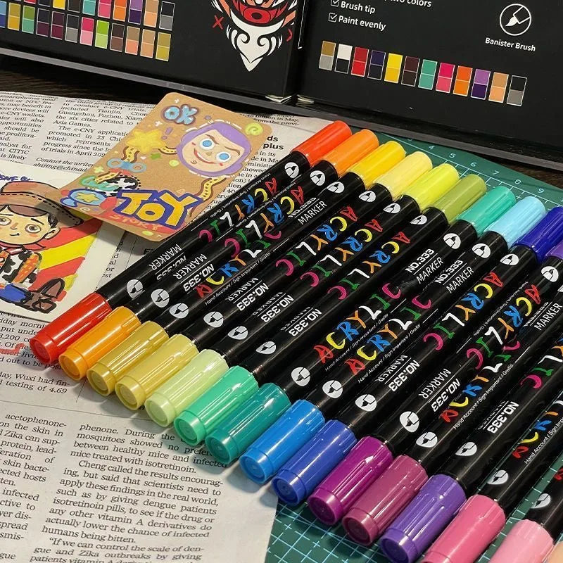 Professional Art Use 120-24Colors Acrylic Paint Markers, Dual-Tip Fine and Brush Tip Pens, Suitable for Stone, Wood, Calligraphy