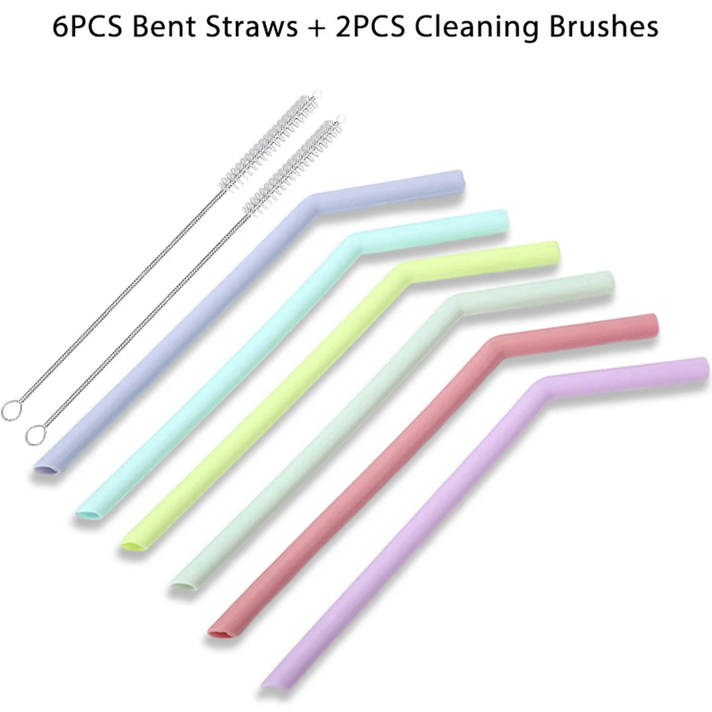 Reusable Silicone Straws Set with Cleaning Brushes, for Water, Milk, Juices, Smoothies, Flexible Portable, Straight, Bent Straws