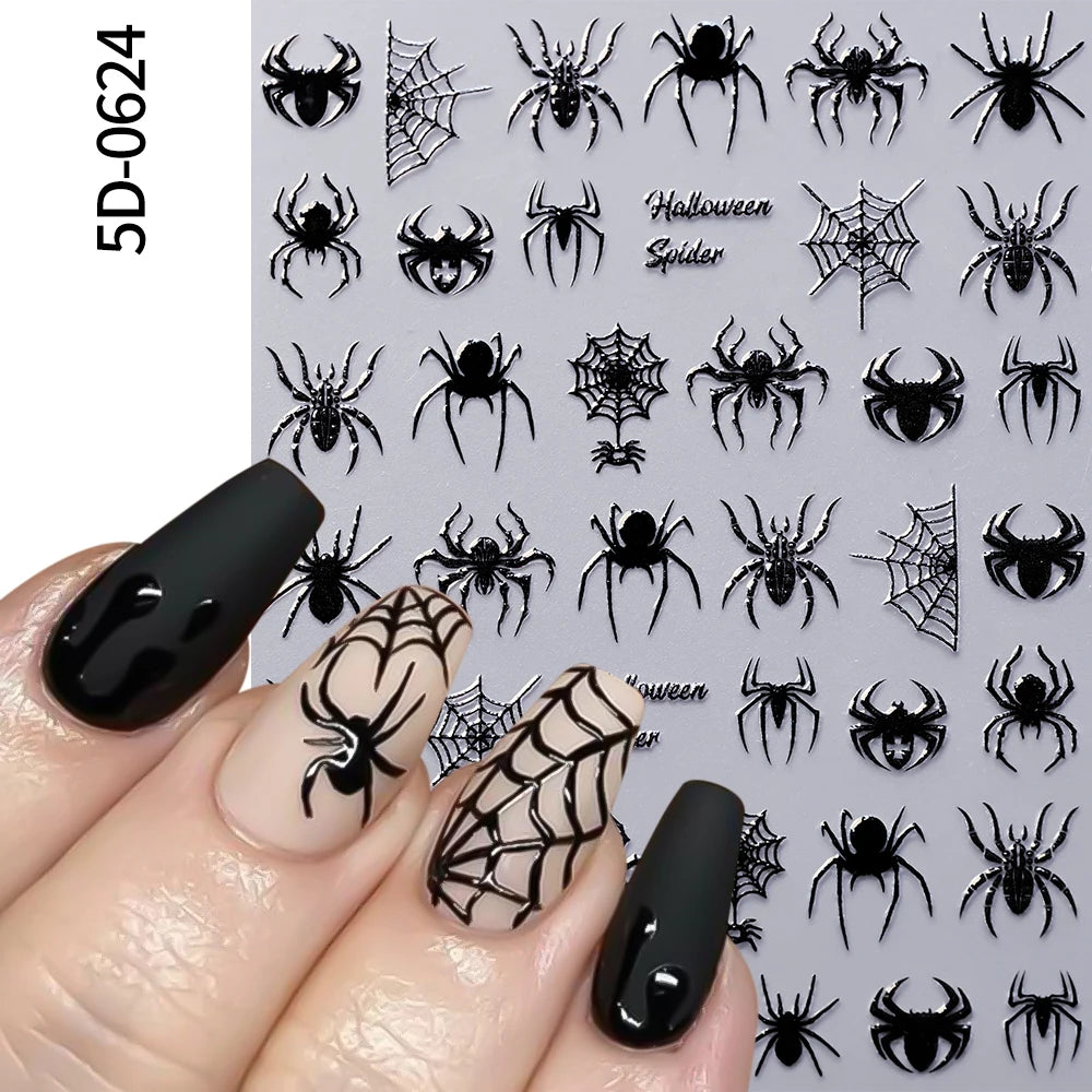 1pcs 5D Black Halloween-Themed Nail Stickers Bat/Ghost Face/Pumpkin/Skull/Spider Pattern Self-adhesive Sliders DIY Nail Supplies