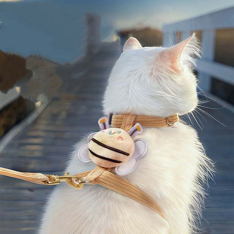 Cat Harness Leash Collar Set Adjustable Cartoon Bee Double Layer Dog Harness for Small Medium Pet Collar Leash Outdoor Walking