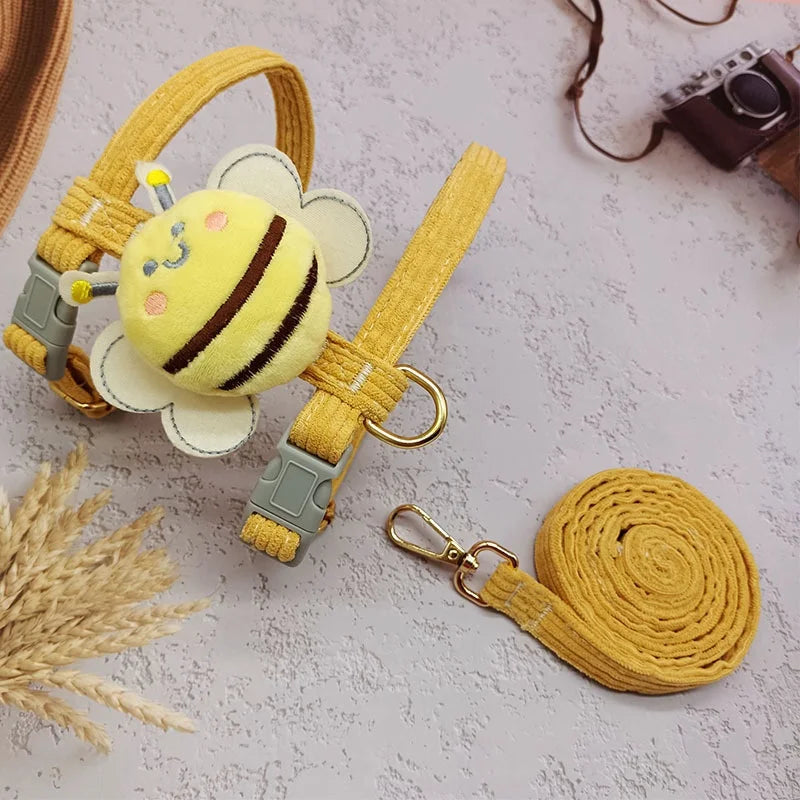 Cat Harness Leash Collar Set Adjustable Cartoon Bee Double Layer Dog Harness for Small Medium Pet Collar Leash Outdoor Walking