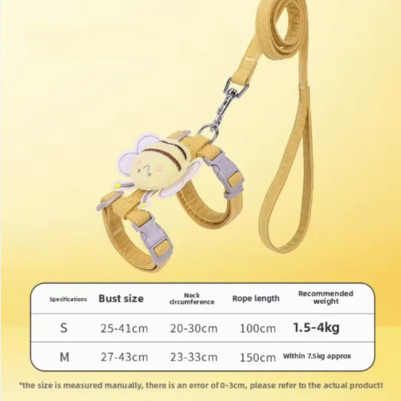 Cat Harness Leash Collar Set Adjustable Cartoon Bee Double Layer Dog Harness for Small Medium Pet Collar Leash Outdoor Walking
