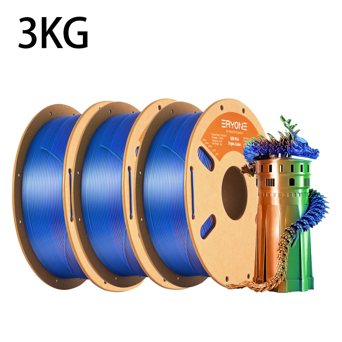 NEW ERYONE 1KG/3KG/10KG Promotion Tri- Color Silk PLA Filament For 3D Printing 1.75mm Filament High Quality Free Fast Shipping