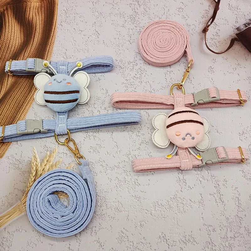 Cat Harness Leash Collar Set Adjustable Cartoon Bee Double Layer Dog Harness for Small Medium Pet Collar Leash Outdoor Walking