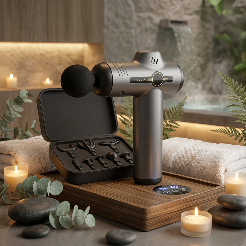 Massage gun with attachments and digital display on a white background