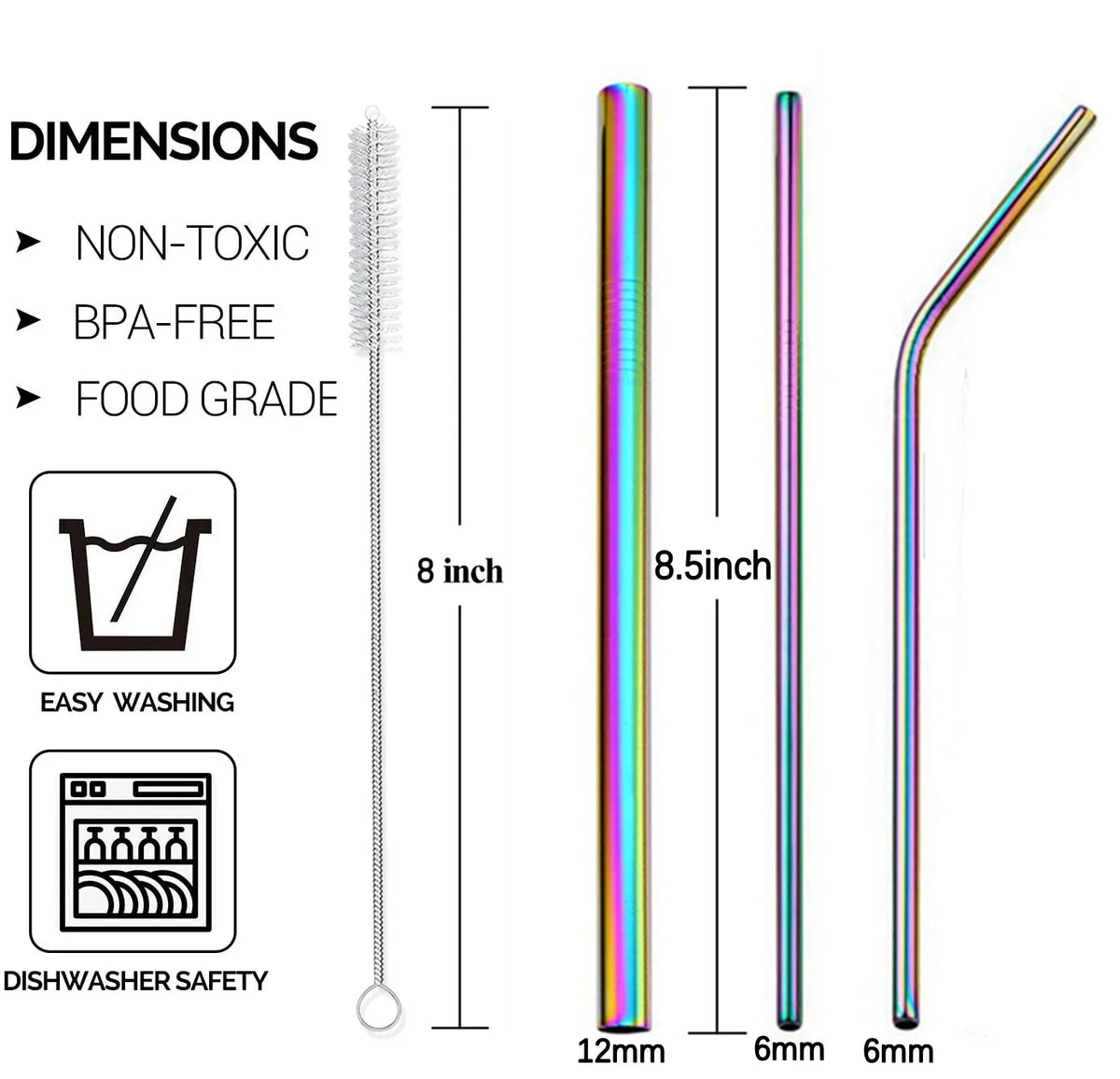 Reusable Metal Straw 304 Stainless Steel Drinking Straws Set with Cleaning Brushes Straight Bent Boba Straw Bar Party Accessory