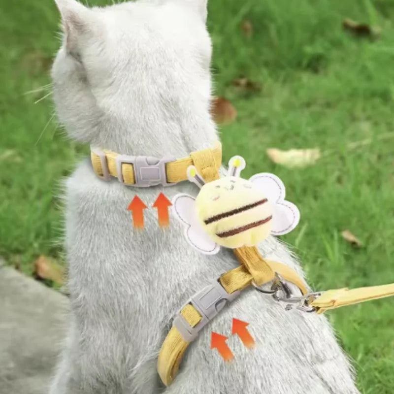 Cat Harness Leash Collar Set Adjustable Cartoon Bee Double Layer Dog Harness for Small Medium Pet Collar Leash Outdoor Walking