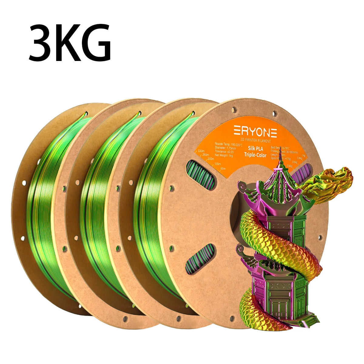 NEW ERYONE 1KG/3KG/10KG Promotion Tri- Color Silk PLA Filament For 3D Printing 1.75mm Filament High Quality Free Fast Shipping