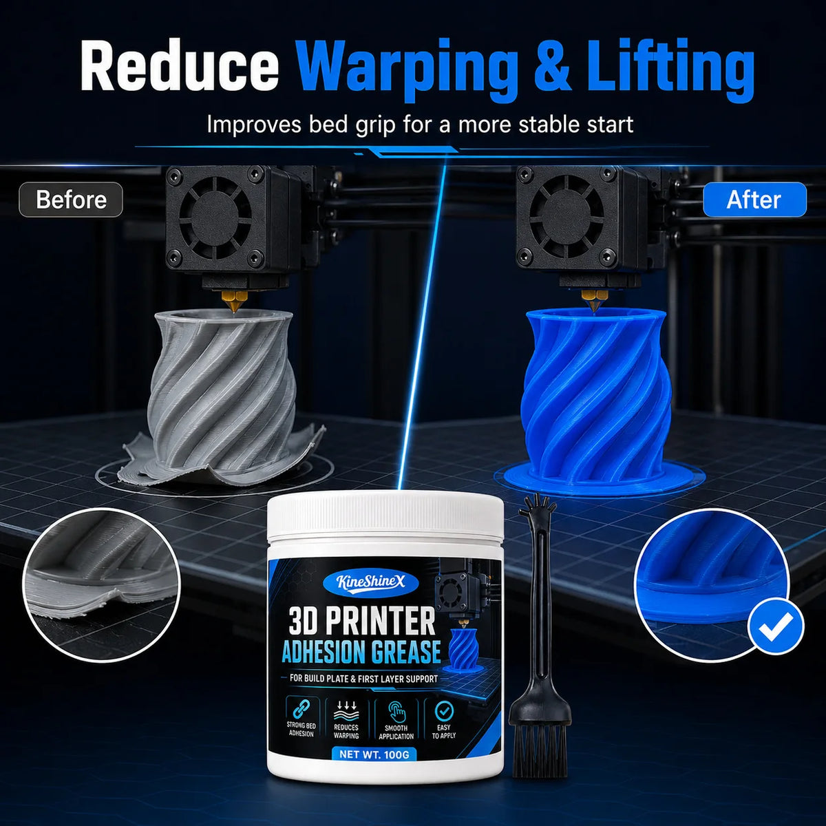 2026 New 3D Printer Bed Adhesive Grease with Brush, Strong First Layer Support for PLA, ABS, PETG and TPU, Helps Reduce Warping