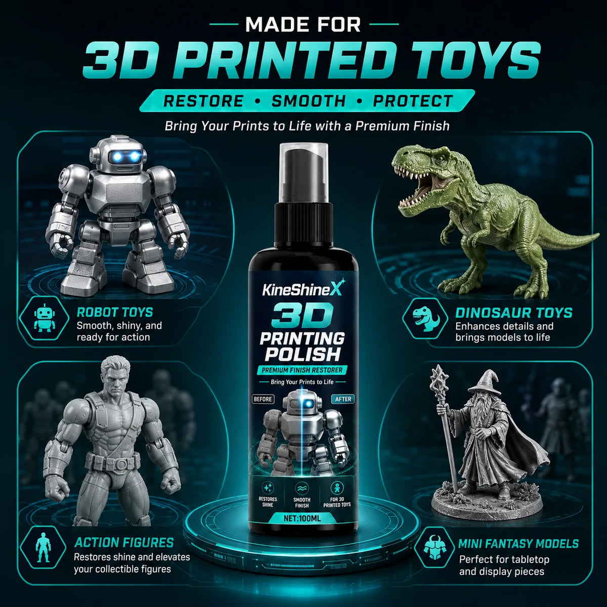 3D Printing Polish  100ml – Premium Finish Restorer for PLA, ABS & PETG Toys, Reduces Layer Lines, Restores Shine, Smooth Finish