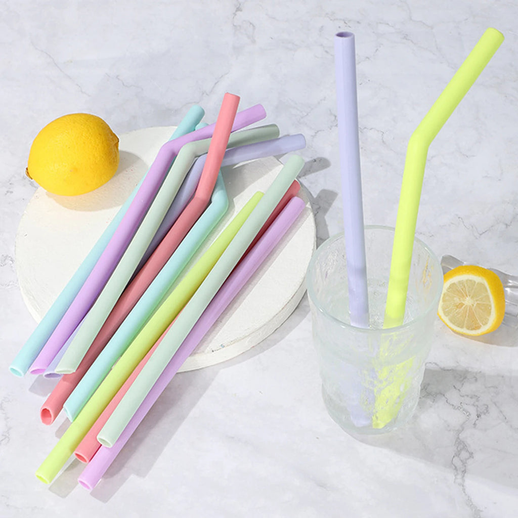 Reusable Silicone Straws Set with Cleaning Brushes, for Water, Milk, Juices, Smoothies, Flexible Portable, Straight, Bent Straws