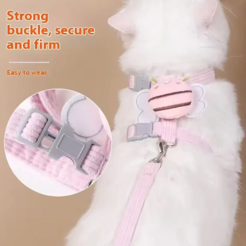 Cat Harness Leash Collar Set Adjustable Cartoon Bee Double Layer Dog Harness for Small Medium Pet Collar Leash Outdoor Walking