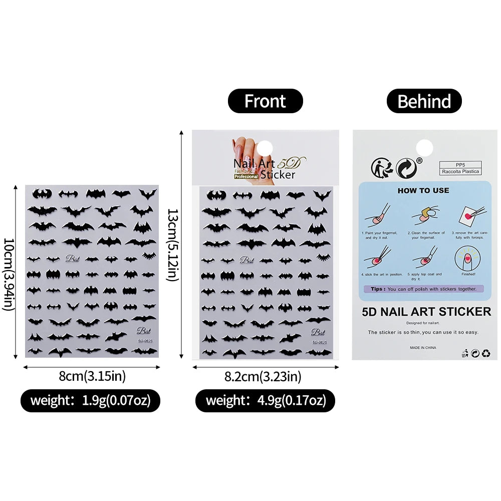 1pcs 5D Black Halloween-Themed Nail Stickers Bat/Ghost Face/Pumpkin/Skull/Spider Pattern Self-adhesive Sliders DIY Nail Supplies