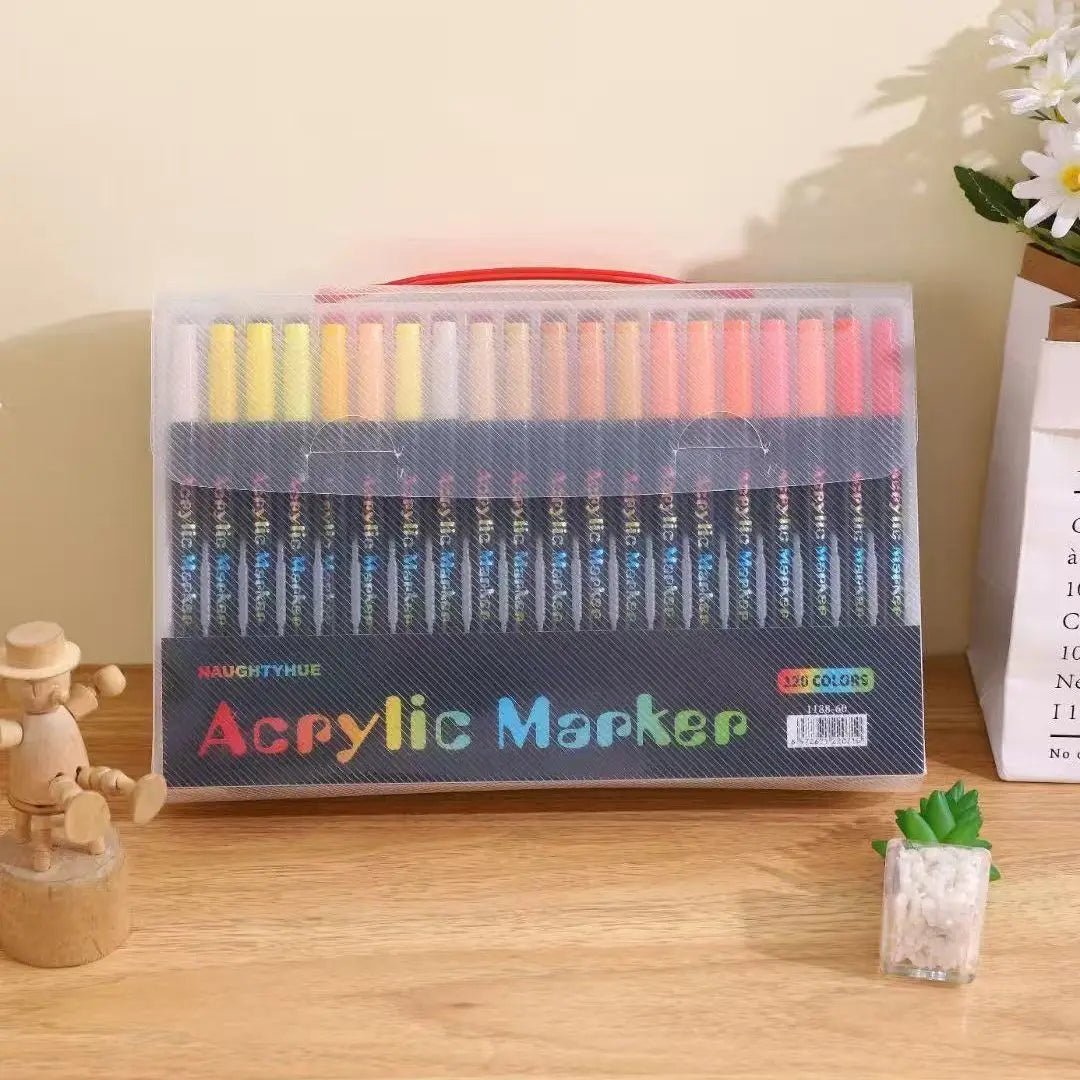 Professional Art Use 120-24Colors Acrylic Paint Markers, Dual-Tip Fine and Brush Tip Pens, Suitable for Stone, Wood, Calligraphy
