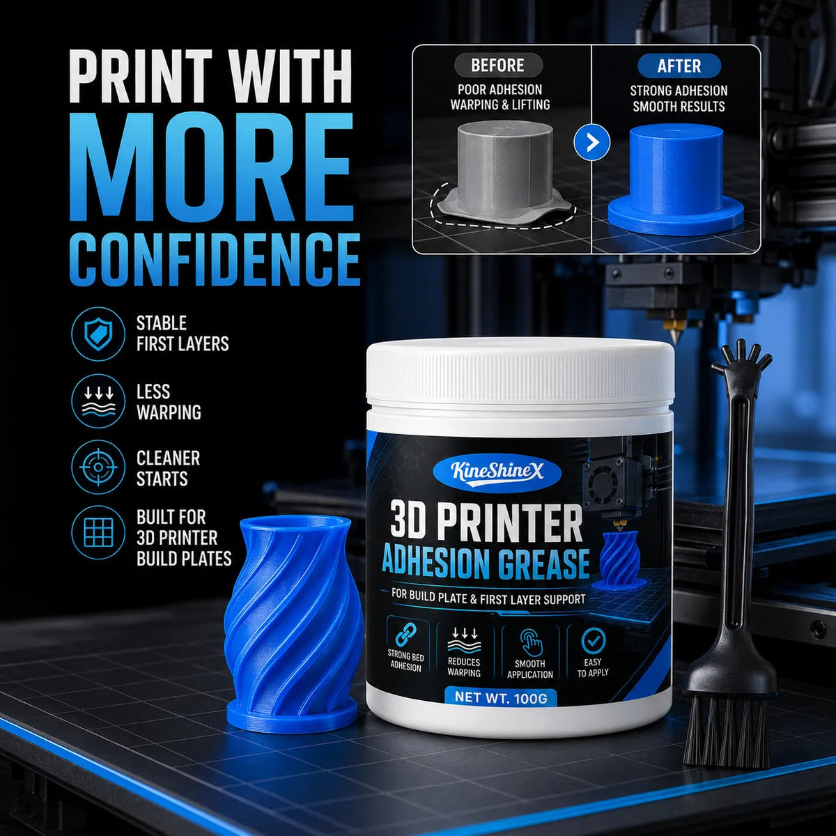 2026 New 3D Printer Bed Adhesive Grease with Brush, Strong First Layer Support for PLA, ABS, PETG and TPU, Helps Reduce Warping