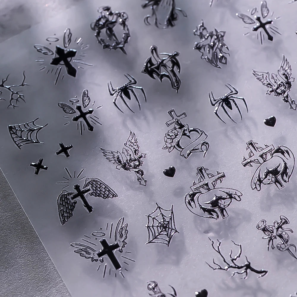 1pcs 5D Black Halloween-Themed Nail Stickers Bat/Ghost Face/Pumpkin/Skull/Spider Pattern Self-adhesive Sliders DIY Nail Supplies