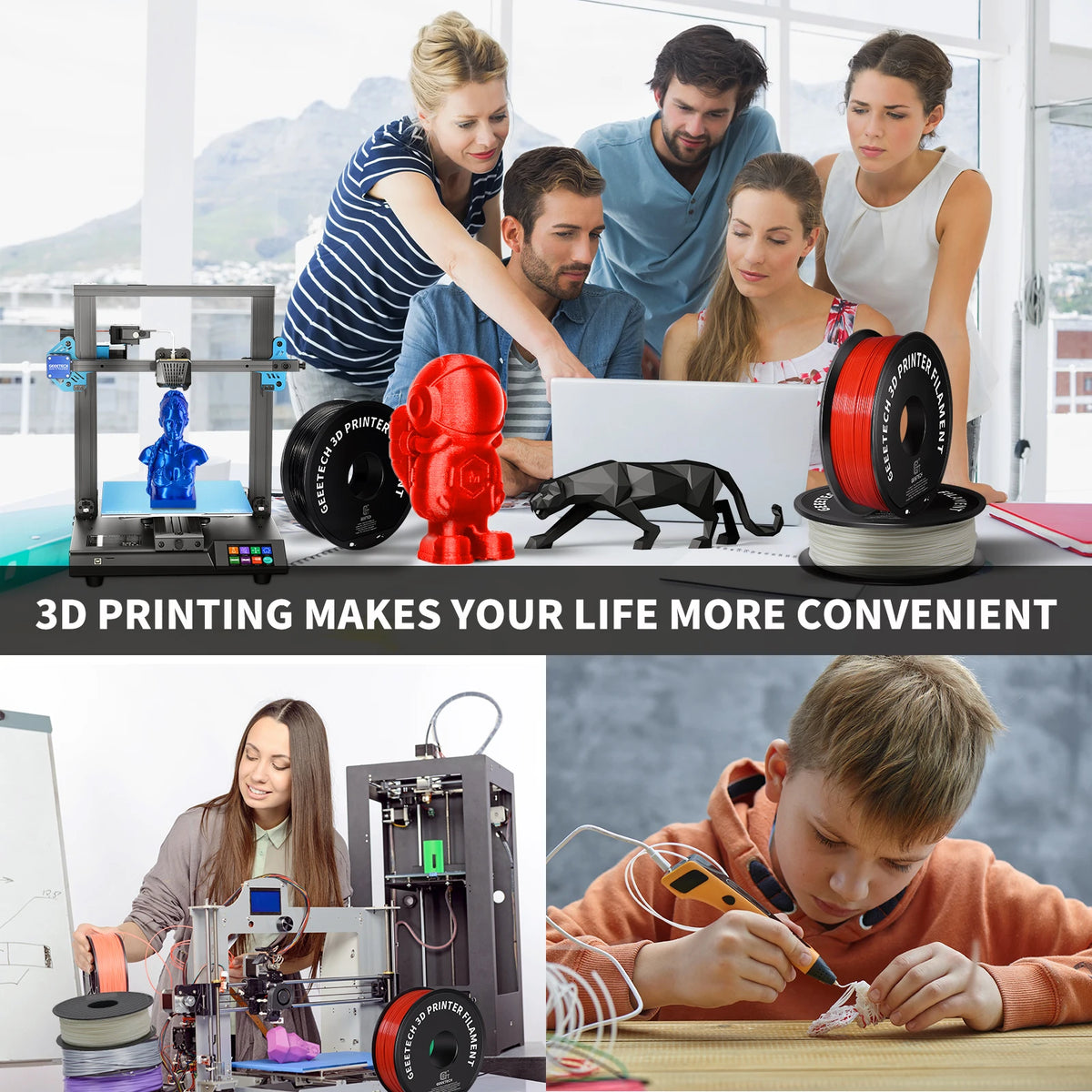 Geeetech ABS+3D Filament 1.75mm 1KG Plastic, 3D Printer Material, Tangle-Free, Non-Toxic, Vacuum Packaging White Black Red Blue