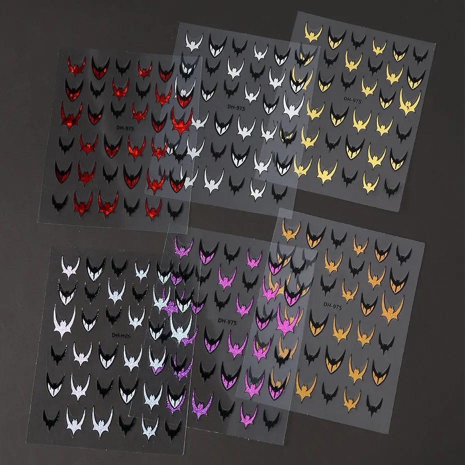 6pcs Bat Glitter French Tips Nail Sticker Laser Sparkle Halloween Bat Design Decals 3D Holo Charms Y2K Manicure Decoration