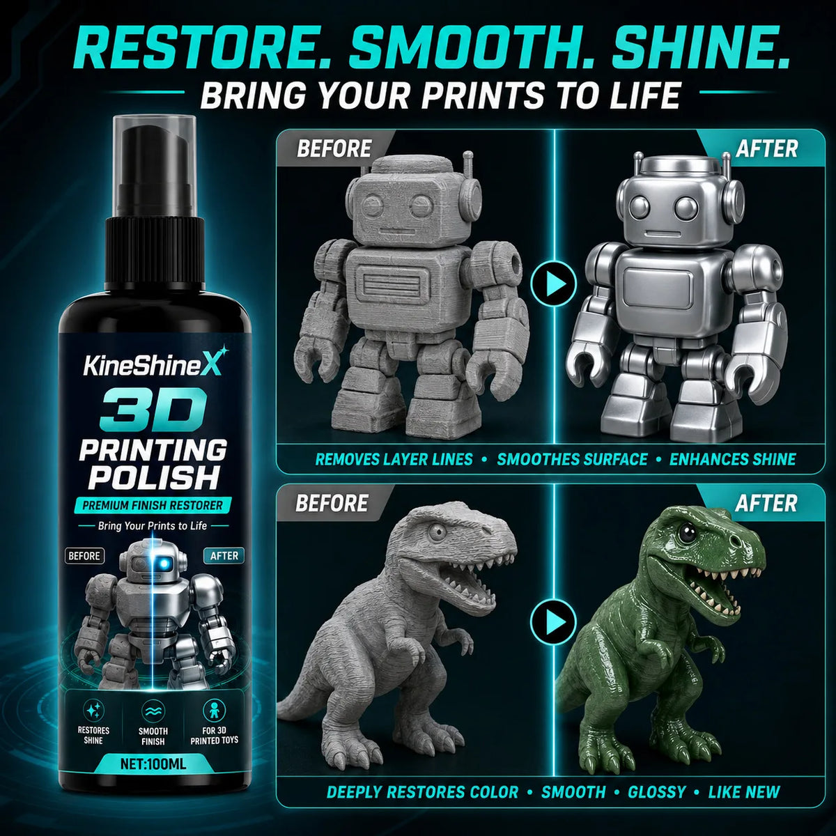 3D Printing Polish  100ml – Premium Finish Restorer for PLA, ABS & PETG Toys, Reduces Layer Lines, Restores Shine, Smooth Finish