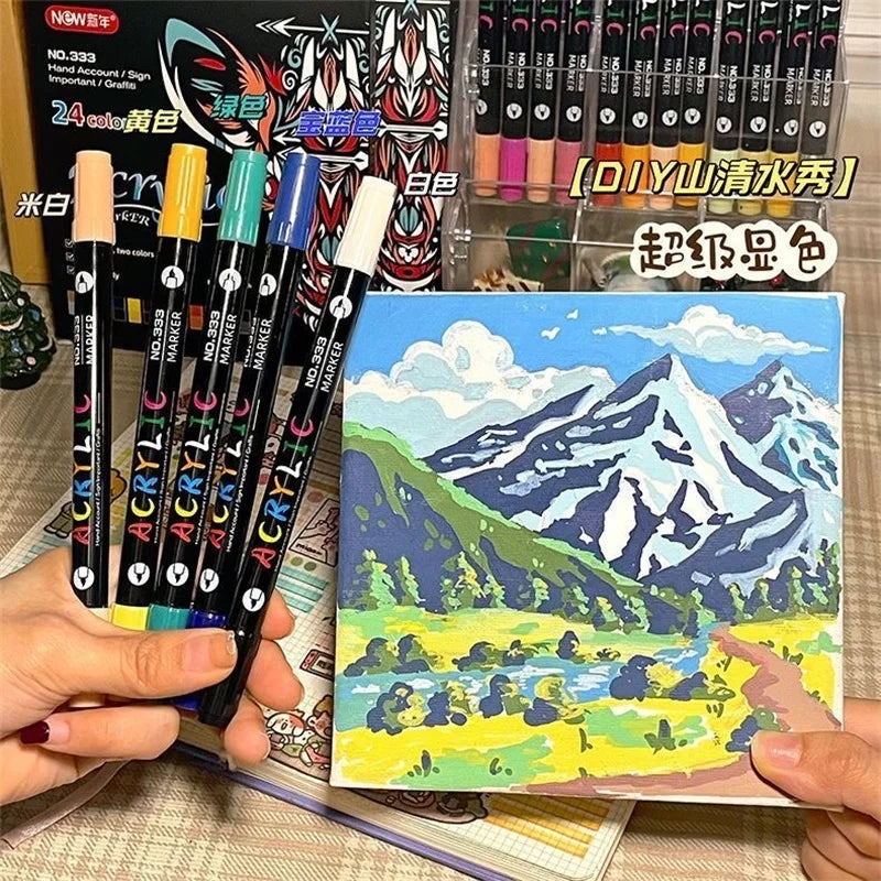 Professional Art Use 120-24Colors Acrylic Paint Markers, Dual-Tip Fine and Brush Tip Pens, Suitable for Stone, Wood, Calligraphy