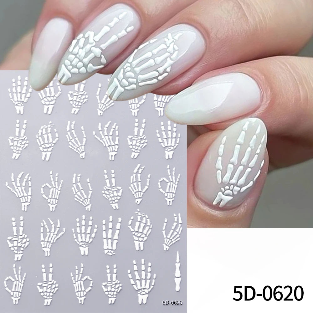 1pcs 5D Black Halloween-Themed Nail Stickers Bat/Ghost Face/Pumpkin/Skull/Spider Pattern Self-adhesive Sliders DIY Nail Supplies