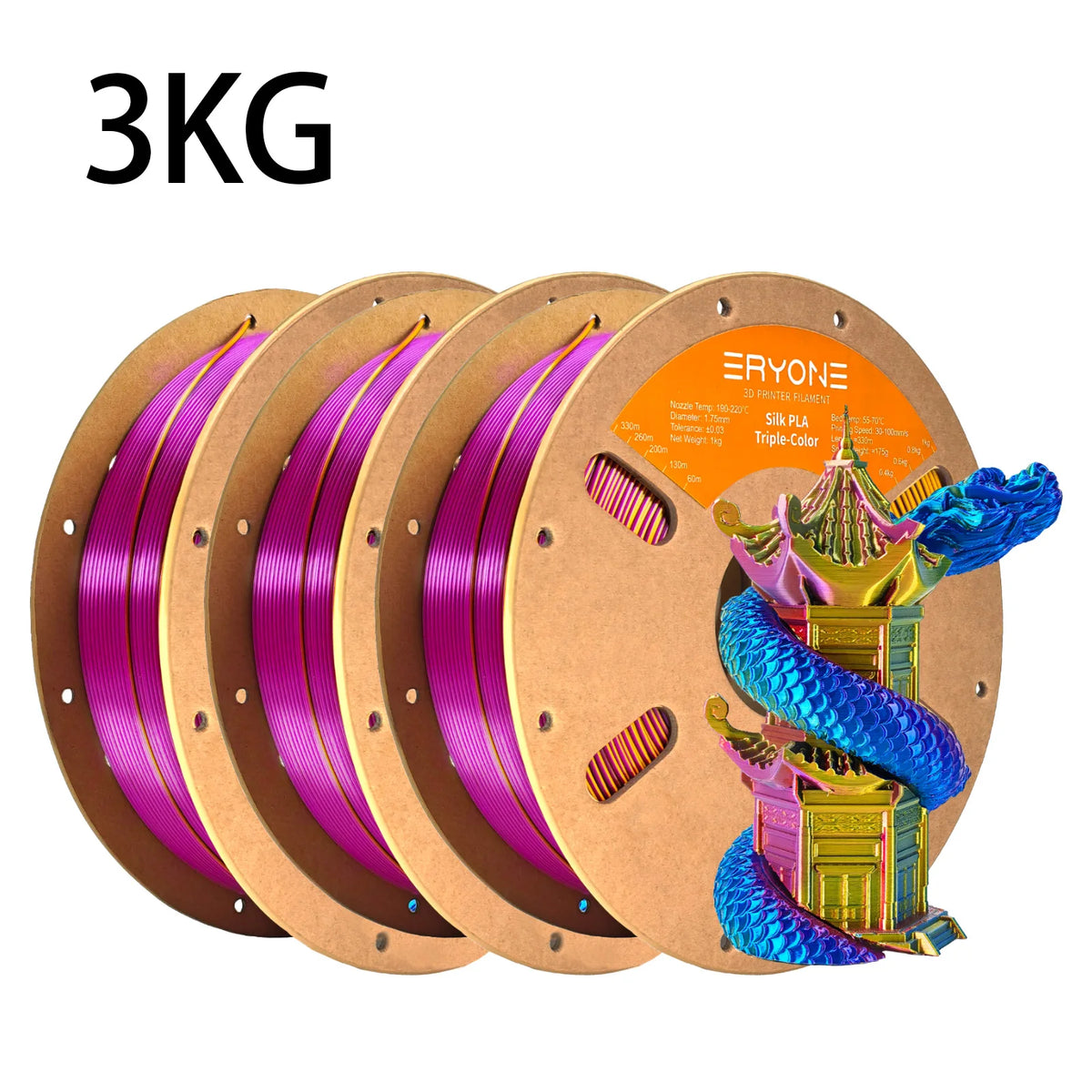 NEW ERYONE 1KG/3KG/10KG Promotion Tri- Color Silk PLA Filament For 3D Printing 1.75mm Filament High Quality Free Fast Shipping