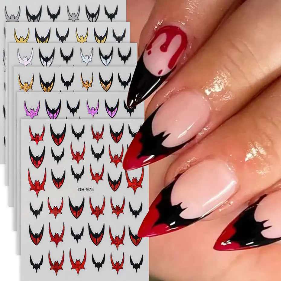 6pcs Bat Glitter French Tips Nail Sticker Laser Sparkle Halloween Bat Design Decals 3D Holo Charms Y2K Manicure Decoration
