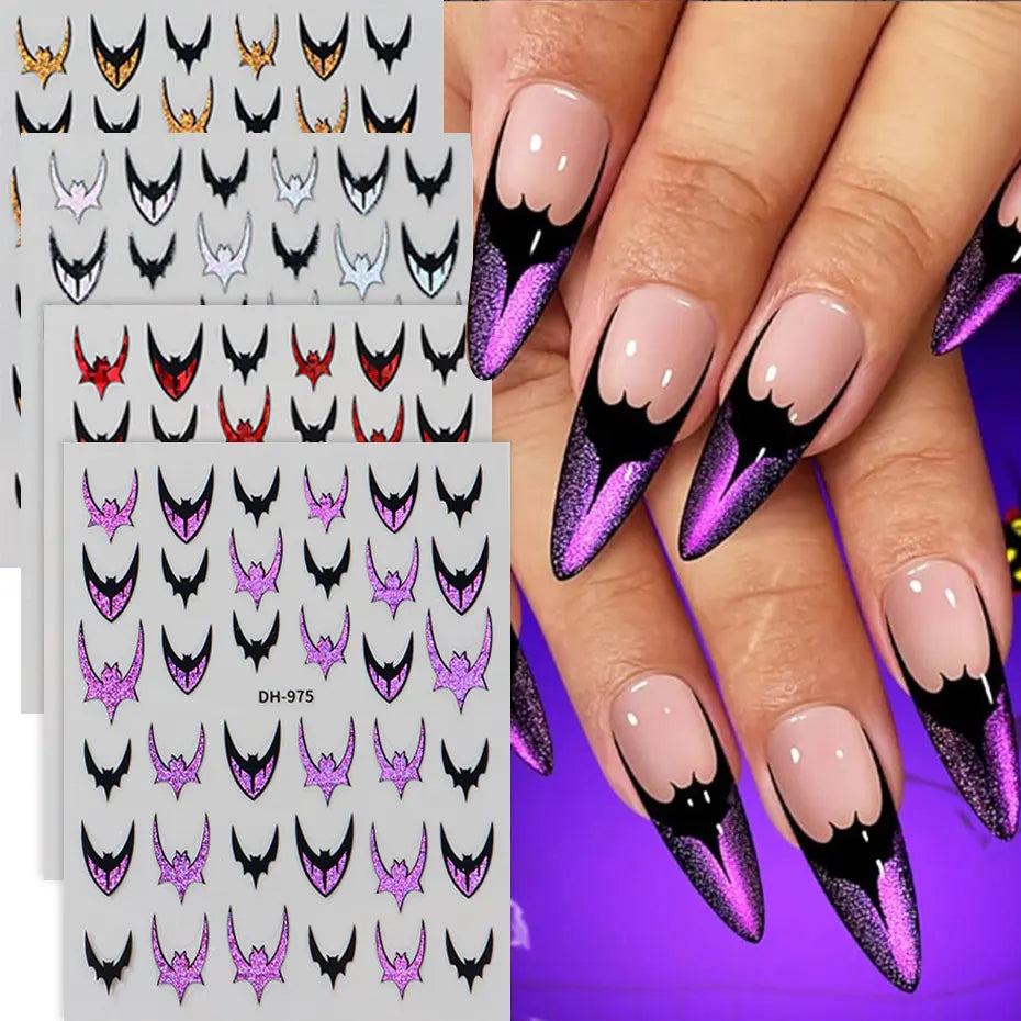6pcs Bat Glitter French Tips Nail Sticker Laser Sparkle Halloween Bat Design Decals 3D Holo Charms Y2K Manicure Decoration