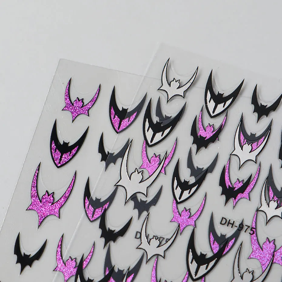 6pcs Bat Glitter French Tips Nail Sticker Laser Sparkle Halloween Bat Design Decals 3D Holo Charms Y2K Manicure Decoration