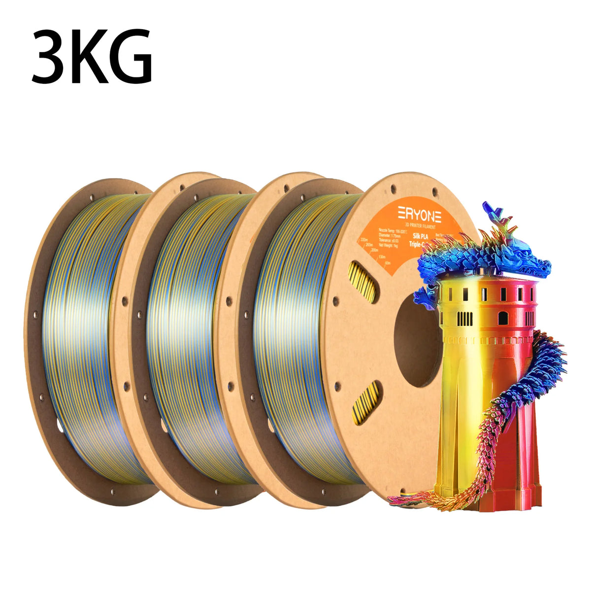 NEW ERYONE 1KG/3KG/10KG Promotion Tri- Color Silk PLA Filament For 3D Printing 1.75mm Filament High Quality Free Fast Shipping