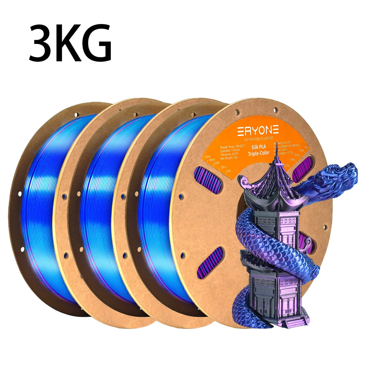 NEW ERYONE 1KG/3KG/10KG Promotion Tri- Color Silk PLA Filament For 3D Printing 1.75mm Filament High Quality Free Fast Shipping