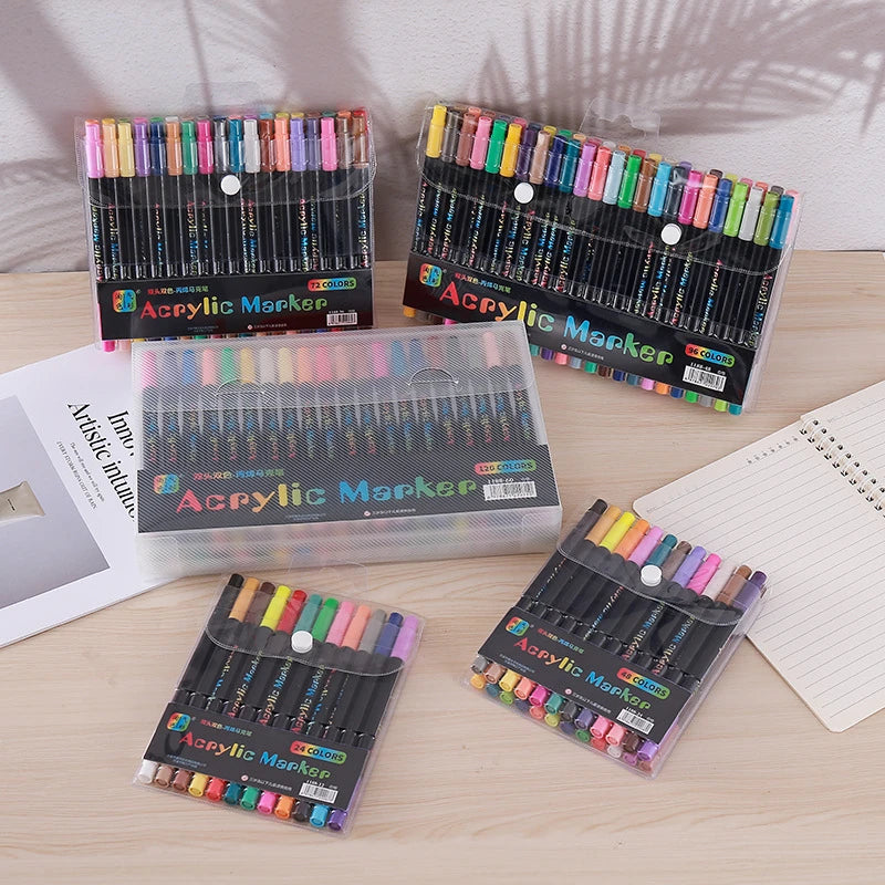 Professional Art Use 24-120Colors Acrylic Paint Markers, Dual-Tip Fine and Brush Tip Pens, Suitable for Stone, Wood, Calligraphy