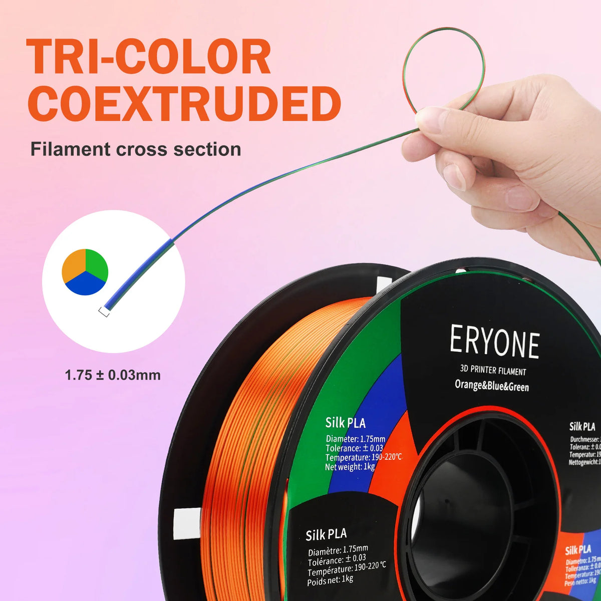 NEW ERYONE 1KG/3KG/10KG Promotion Tri- Color Silk PLA Filament For 3D Printing 1.75mm Filament High Quality Free Fast Shipping