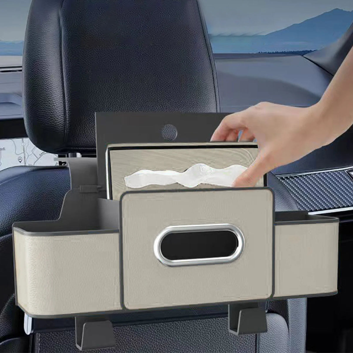 Car Seat Organizer with Tissue Box & 2 Cup Holder Car Backseat Hanging Storage Box for Snacks/Drinks Universal Stowing Tidying