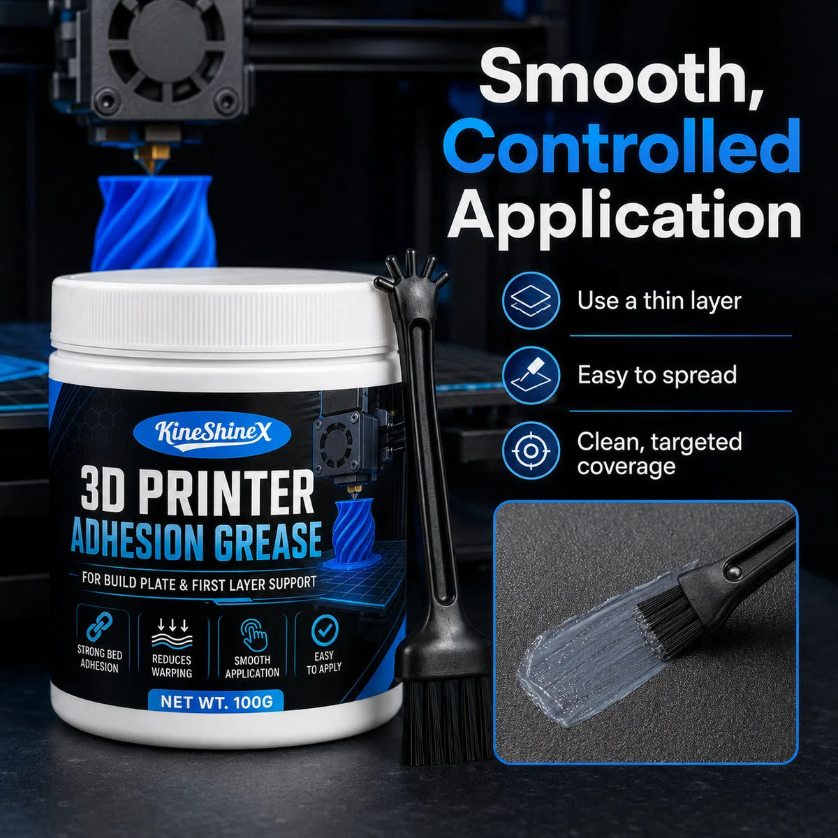 2026 New 3D Printer Bed Adhesive Grease with Brush, Strong First Layer Support for PLA, ABS, PETG and TPU, Helps Reduce Warping