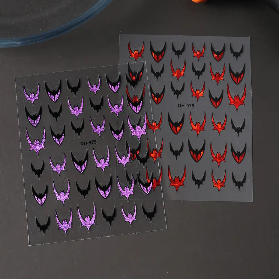 6pcs Bat Glitter French Tips Nail Sticker Laser Sparkle Halloween Bat Design Decals 3D Holo Charms Y2K Manicure Decoration