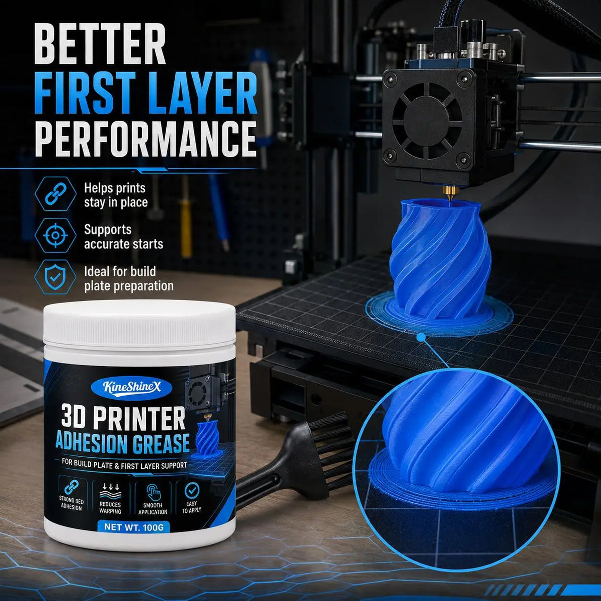 2026 New 3D Printer Bed Adhesive Grease with Brush, Strong First Layer Support for PLA, ABS, PETG and TPU, Helps Reduce Warping