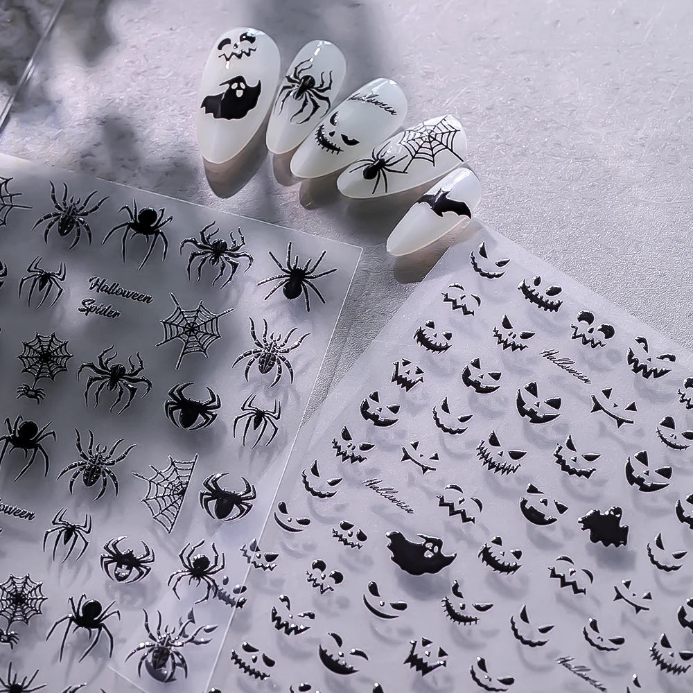 1pcs 5D Black Halloween-Themed Nail Stickers Bat/Ghost Face/Pumpkin/Skull/Spider Pattern Self-adhesive Sliders DIY Nail Supplies