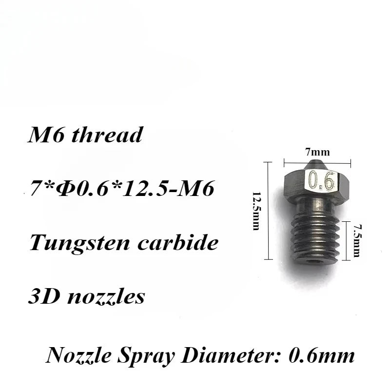 3D V6 Nozzle Solid Carbide 92.5hra Nozzle 3d Printer 0.4/0.5/0.6mm Nozzles for 3D Printer