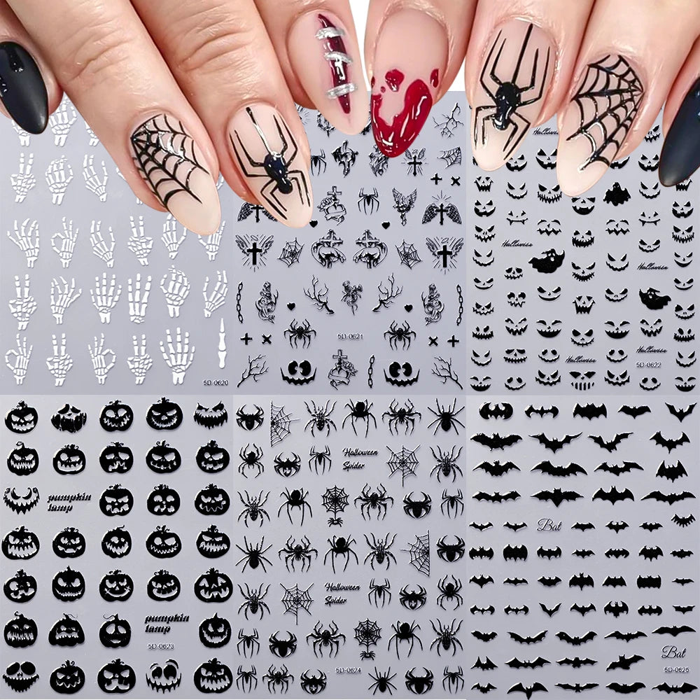 1pcs 5D Black Halloween-Themed Nail Stickers Bat/Ghost Face/Pumpkin/Skull/Spider Pattern Self-adhesive Sliders DIY Nail Supplies