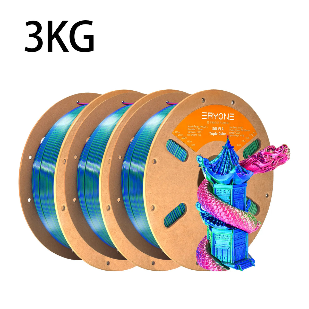 NEW ERYONE 1KG/3KG/10KG Promotion Tri- Color Silk PLA Filament For 3D Printing 1.75mm Filament High Quality Free Fast Shipping