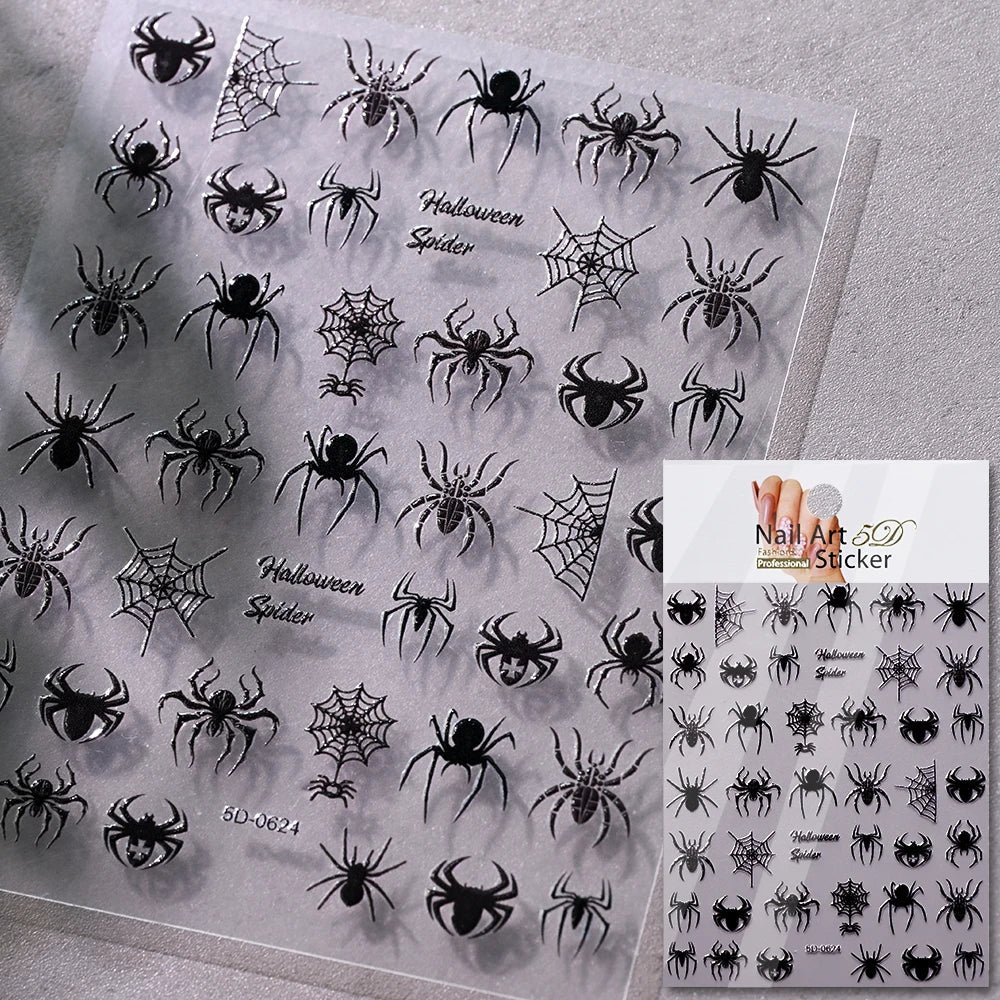 1pcs 5D Black Halloween-Themed Nail Stickers Bat/Ghost Face/Pumpkin/Skull/Spider Pattern Self-adhesive Sliders DIY Nail Supplies