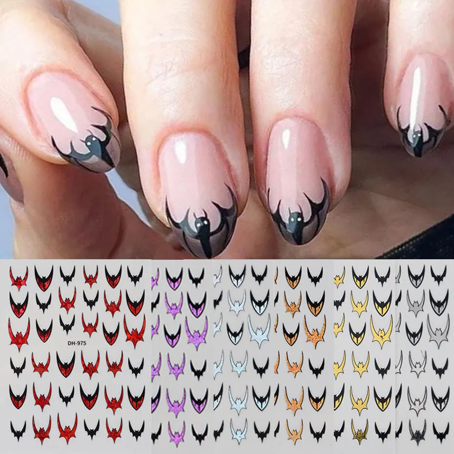6pcs Bat Glitter French Tips Nail Sticker Laser Sparkle Halloween Bat Design Decals 3D Holo Charms Y2K Manicure Decoration